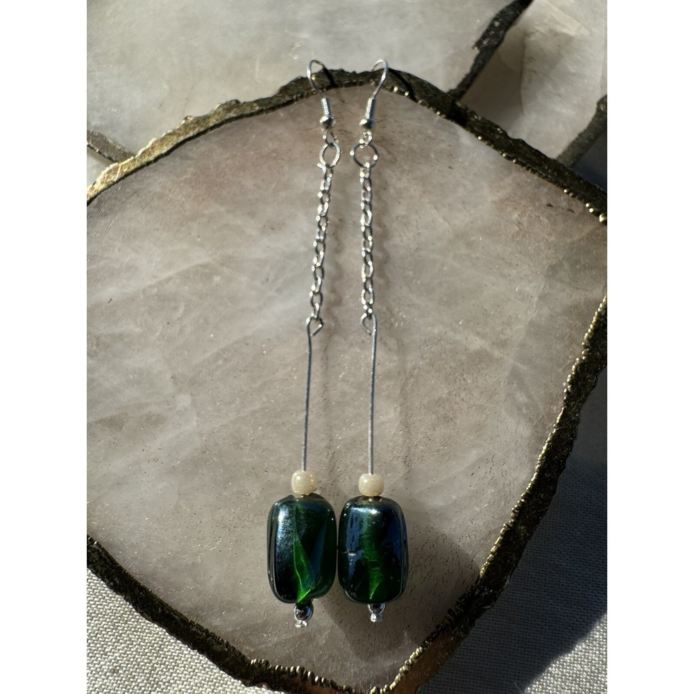 Handmade Dangle Drop Earrings 3.75"Green AB Pink Faux Pearl Stainless Holiday